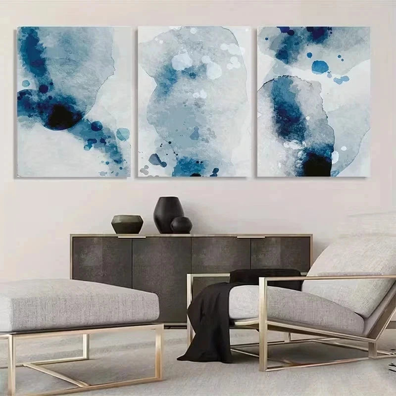 3pcs Navy & Sky Blue Abstract Paintings Metal Print Ready to Hang Art