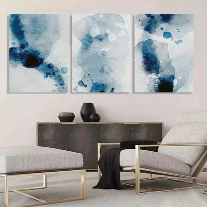 3pcs Navy & Sky Blue Abstract Paintings Metal Print Ready to Hang Art