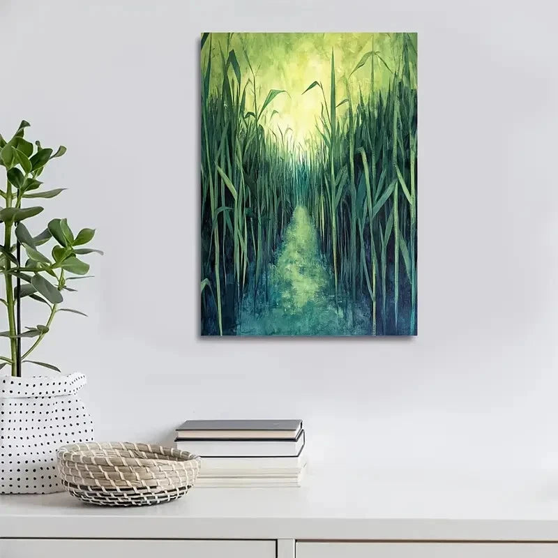 Beautiful Green Sugarcane Grassland Scene Painting 40x60cm Metal Print Ready to Hang - Bella Home Decor
