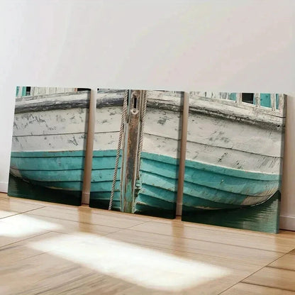 3pcs Vintage Weathered Wooden Boat Wall Art Set Canvas Framed 60x90cm - High Quality Print 100% Australian Made Wall Canvas Ready to Hang - Bella Home Decor