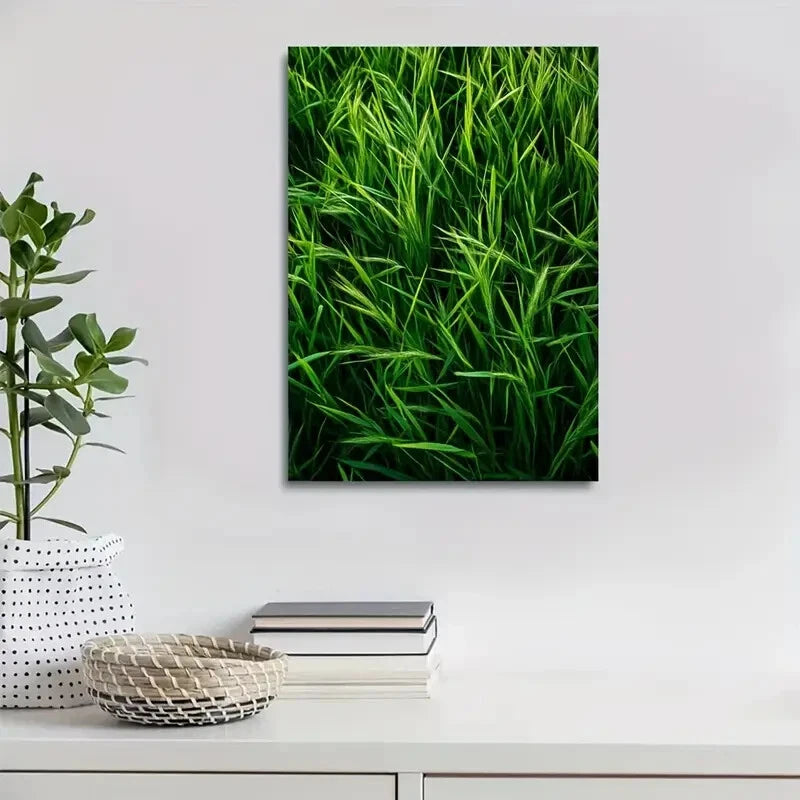 Vibrant Emerald Thatch Grass Meadow Painting 40x60cm Metal Print Ready to Hang - Bella Home Decor