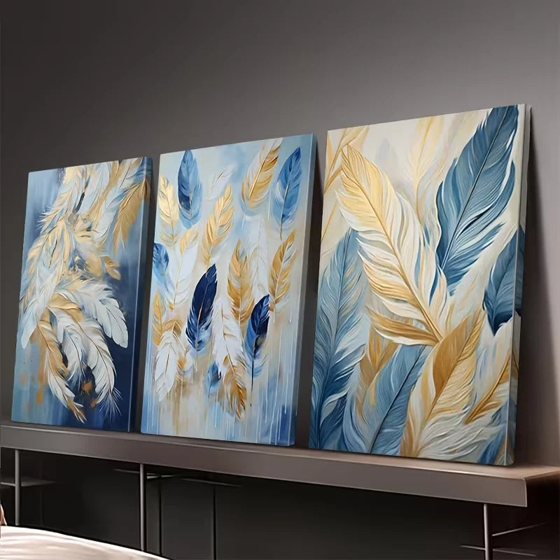 3pcs Abstract Blue And Golden Feather Wall Art Set Canvas Framed 50x70cm – High Quality Print, 100% Australian Made, Ready to Hang