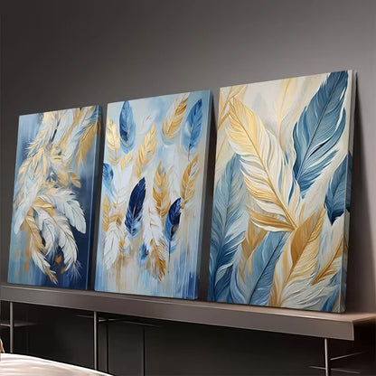 3pcs Abstract Blue And Golden Feather Wall Art Set Canvas Framed 50x70cm – High Quality Print, 100% Australian Made, Ready to Hang