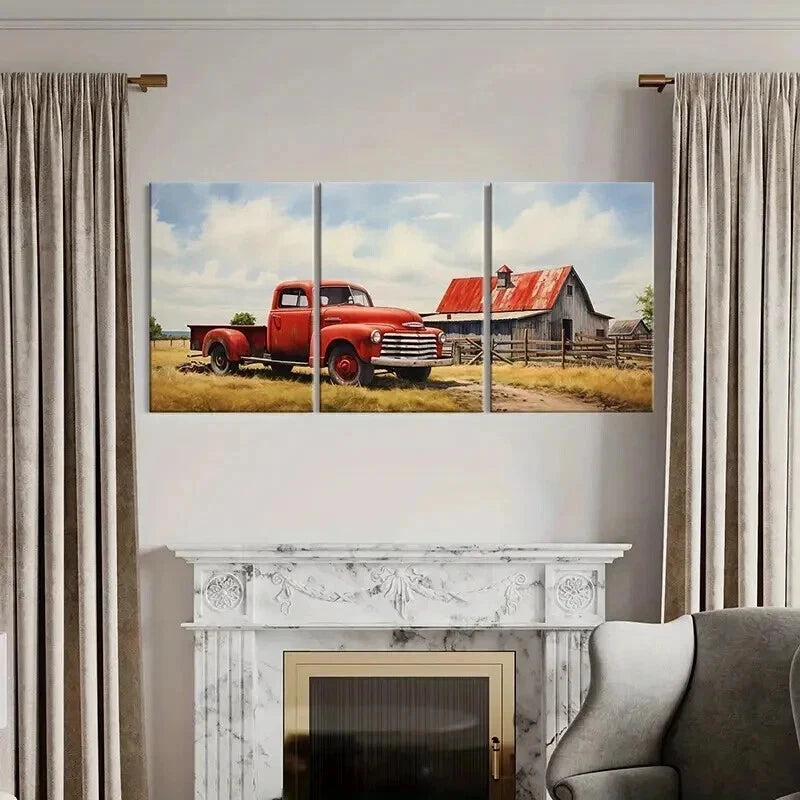 3pcs Retro Country Pickup Truck & Farm Wall Art Set Canvas Framed 40x60cm - High Quality Print 100% Australian Made Wall Canvas Ready to Hang - Bella Home Decor