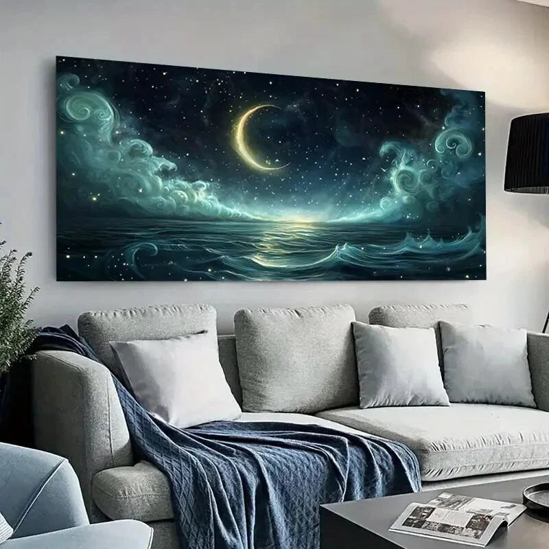 Modern Night Moonlit Stars wall canvas office home room framed 120x60cm - Bella Home Decor