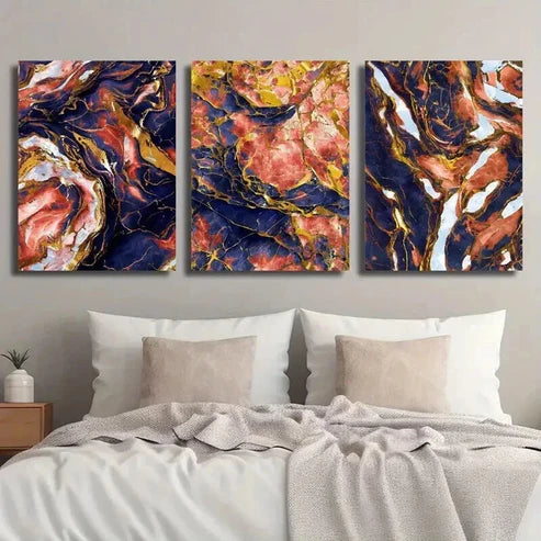 3pcs Modern Luxury Abstract Blue & Red Marble Wall Art Set Canvas Unframed - High Quality Print 100% Australian Made Wall Canvas