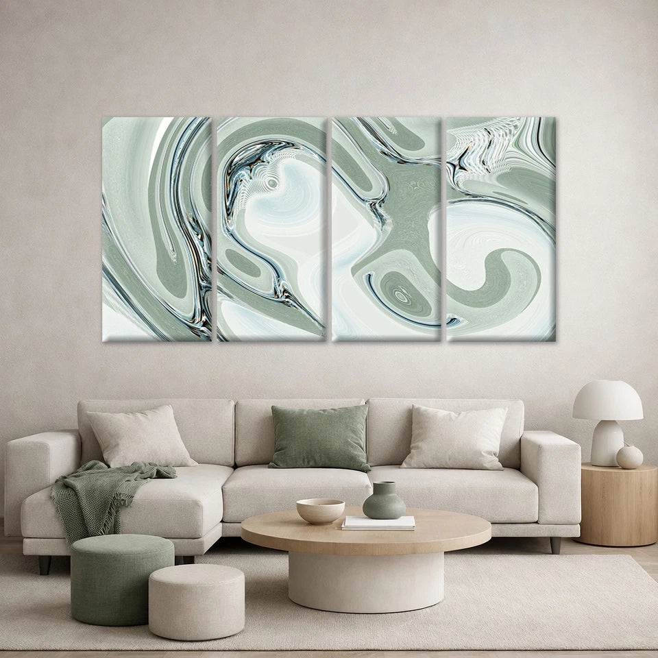 4pcs Modern Abstract Sage Green and White Fluid Wall Art Canvas Framed 45x80cm - High Quality Print 100% Australian Made Wall Canvas Ready to Hang