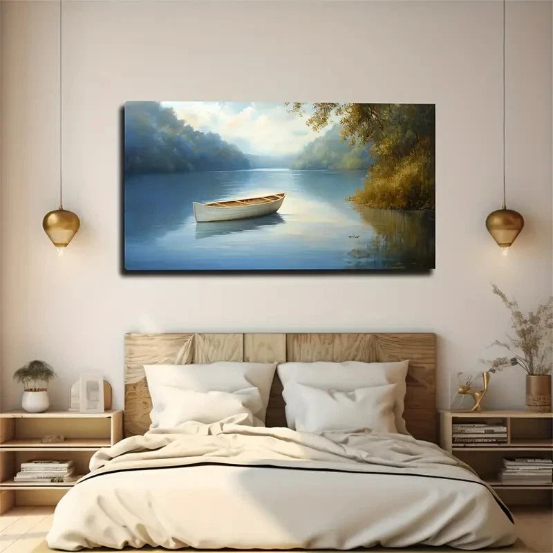 Scenic Lake Boat Waters Décor Wall Art Canvas Office Home Room Framed 120x60cm