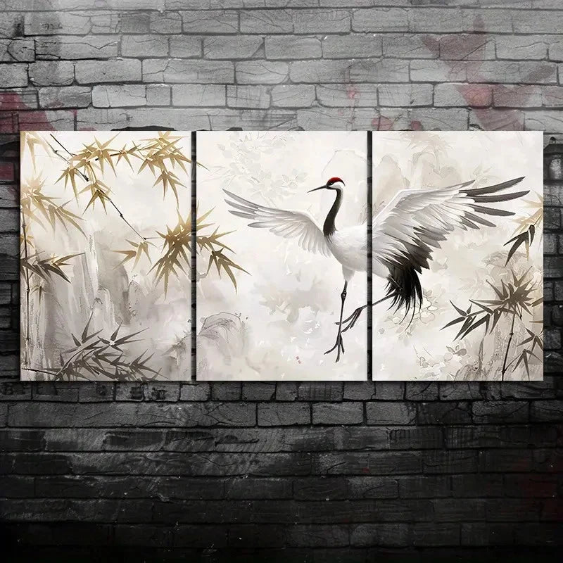 3pcs Asian-Inspired Red-Crowned Crane Metal Print Ready to Hang Art - Bella Home Decor