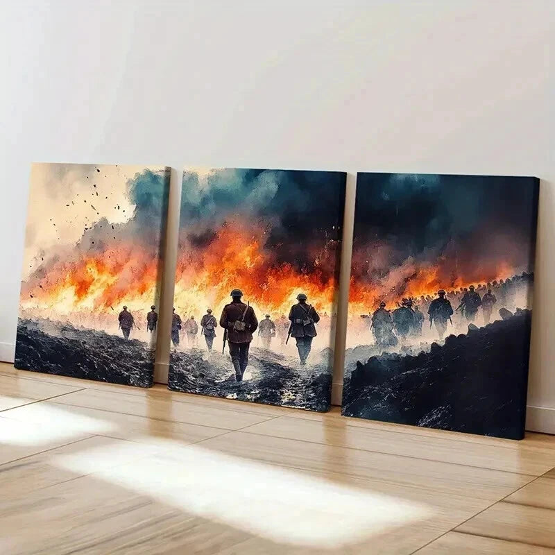 3pcs Warrior March on Fiery Battlefield Wall Art Set Canvas Framed 60x90cm - High Quality Print 100% Australian Made Wall Canvas Ready to Hang - Bella Home Decor