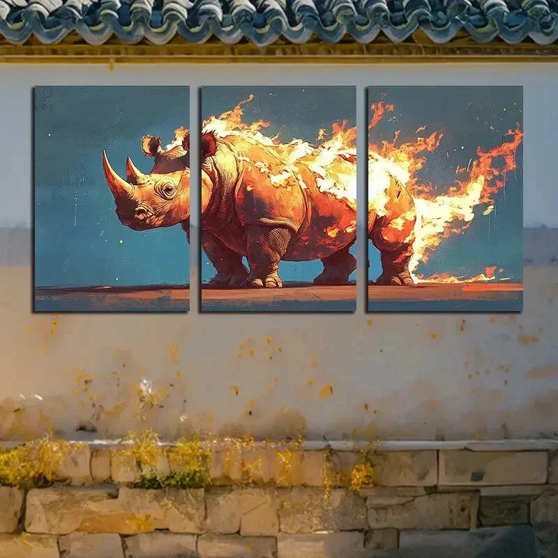 3pcs Vibrant Flame Rhinoceros Illustration Wall Art Set Canvas Framed 40x60cm - High Quality Print 100% Australian Made Wall Canvas Ready to Hang - Bella Home Decor