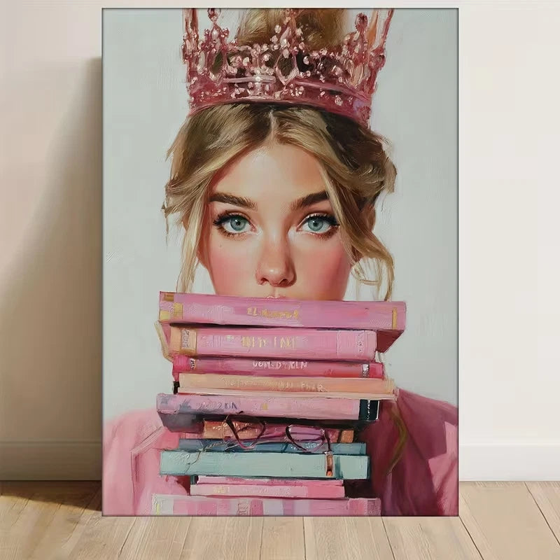 Girl Power Crown & Book Stack  60x90cm Metal Print Ready to Hang