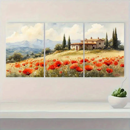 3pcs Italian  Poppy  Countryside Landscape   Wall Art Set Canvas Framed 50x70cm - High Quality Print 100% Australian Made Wall Canvas Ready to Hang