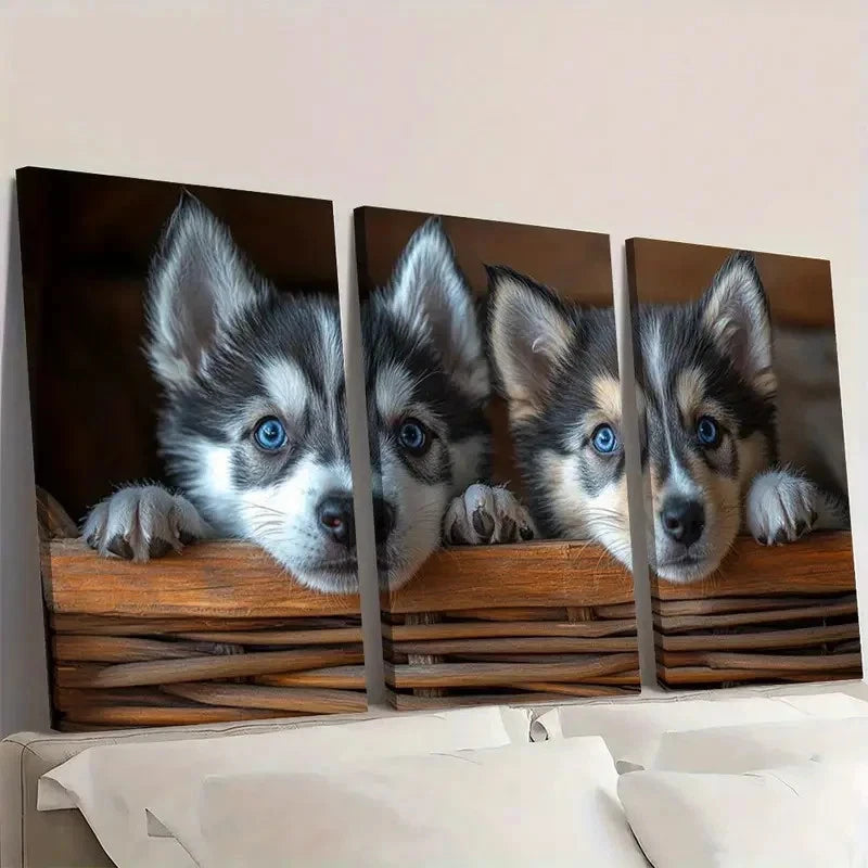 3pcs Adorable Husky Puppies Animal Themed Wall Art Set Canvas Framed 60x90cm - High Quality Print 100% Australian Made Wall Canvas Ready to Hang - Bella Home Decor