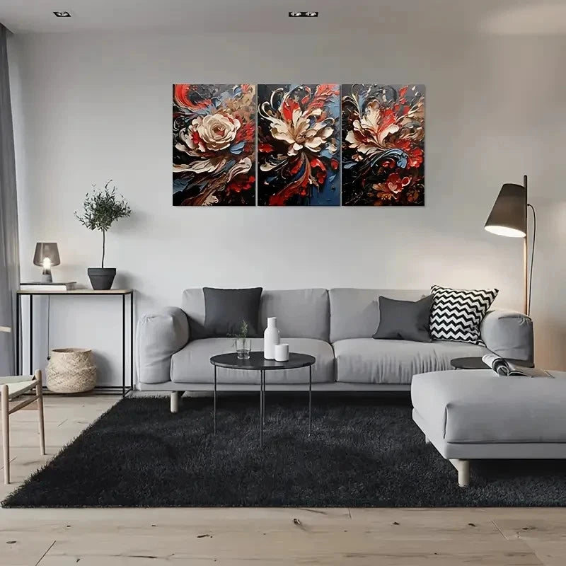 3pcs Abstract Floral Painting Metal Print Ready to Hang Art - Bella Home Decor