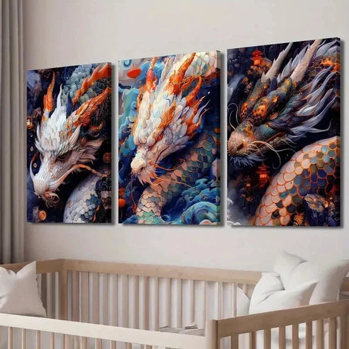 3pcs Gorgeous Oriental Dragon Decorative Wall Art Set Canvas Unframed - High Quality Print 100% Australian Made Wall Canvas - Bella Home Decor
