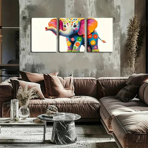 3pcs Cute Elephants Dressed in Colorful Circles Wall Art Set Canvas Unframed - High Quality Print 100% Australian Made Wall Canvas