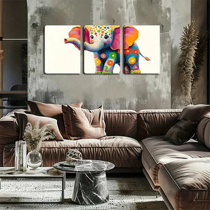 3pcs Cute Elephants Dressed in Colorful Circles Wall Art Set Canvas Unframed - High Quality Print 100% Australian Made Wall Canvas