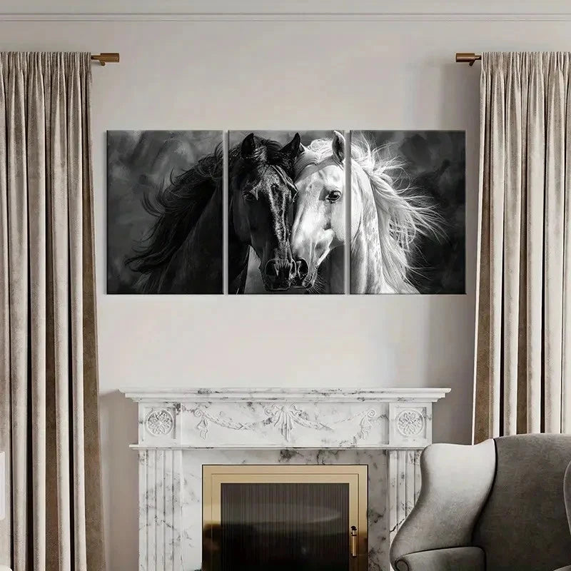 3pcs Black & White Animal Horses Artwork  Wall Art Set Canvas Framed 40x60cm - High Quality Print 100% Australian Made Wall Canvas Ready to Hang - Bella Home Decor
