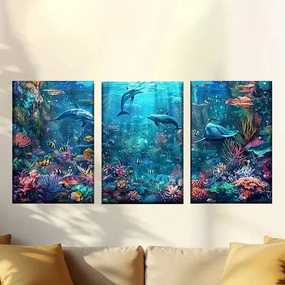 3pcs Aquarium Scene Dolphins & Colorful Fish Wall Art Set Canvas Framed 40x60cm - High Quality Print 100% Australian Made Wall Canvas Ready to Hang - Bella Home Decor