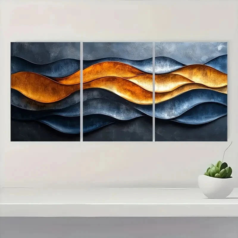 3pcs Warm Golden & Cool Gray Tones Modern Abstrat Metal Print Ready to Hang Art