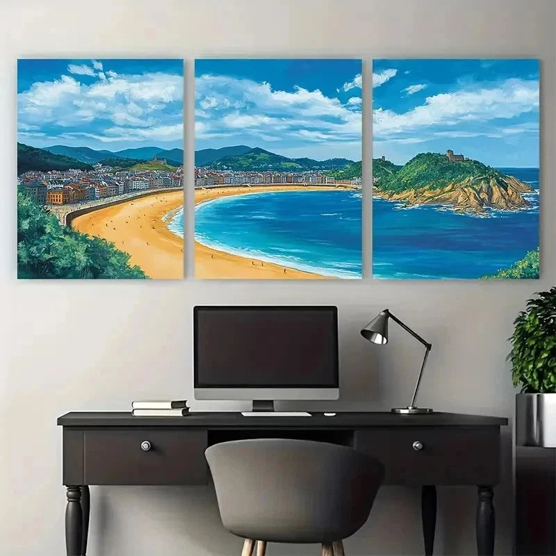 3pcs Vibrant Coastal Scene With Surfing Perfect Wall Art Set Canvas Framed 50x70cm - High Quality Print 100% Australian Made Wall Canvas Ready to Hang