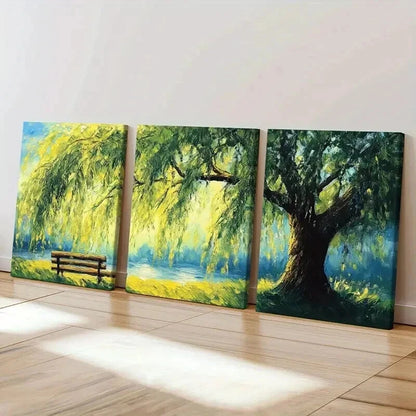3pcs Willow Tree Serene Lake Wooden Bench Wall Art Set Canvas Framed 40x60cm - High Quality Print 100% Australian Made Wall Canvas Ready to Hang - Bella Home Decor