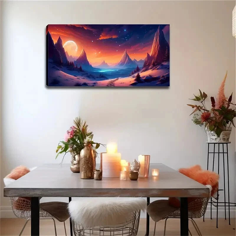 Snowy Peaks & Full Moon Scene Wall Art Canvas Office Home Room Framed 120x60cm - Bella Home Decor