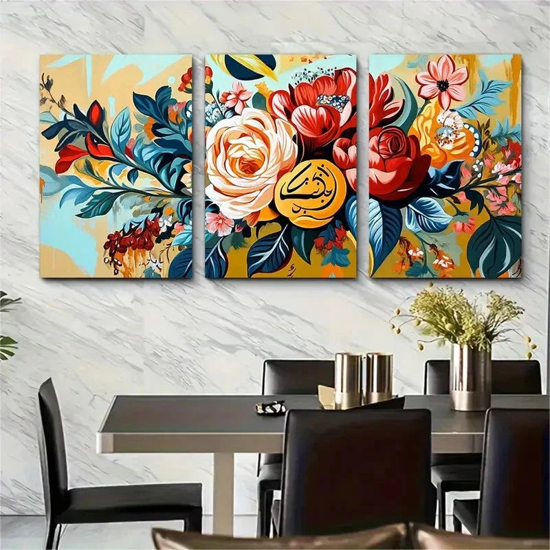 3pcs Vibrant Floral Calligraphy Décor Perfect Wall Art Set Canvas Framed 40x60cm - High Quality Print 100% Australian Made Wall Canvas Ready to Hang