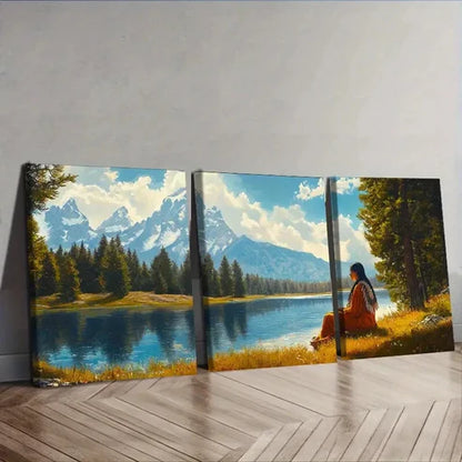 3pcs Girl by the River Blue Sky Nature Perfect Wall Art Set Canvas Unframed - High Quality Print 100% Australian Made Wall Canvas - Bella Home Decor