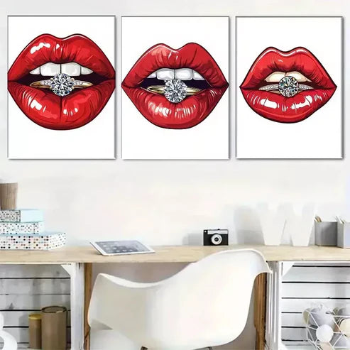 3pcs Glamorous Red Lips with Diamond Ring Wall Art Set Wall Art Canvas Unframed - High Quality Print 100% Australian Made Wall Canvas - Bella Home Decor