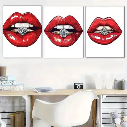 3pcs Glamorous Red Lips with Diamond Ring Wall Art Set Wall Art Canvas Unframed - High Quality Print 100% Australian Made Wall Canvas - Bella Home Decor