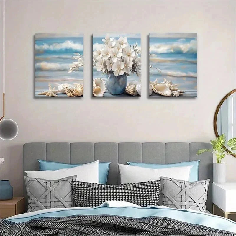 3pcs White Flowers in Blue Vase with Seashells Wall Art Set Canvas Framed 50x70cm - High Quality Print 100% Australian Made Wall Canvas Ready to Hang - Bella Home Decor