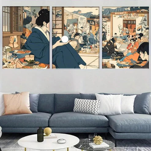 3pcs Elegant Traditional Japanese Gathering Wall Art Canvas Unframed - High Quality Print 100% Australian Made Wall Canvas