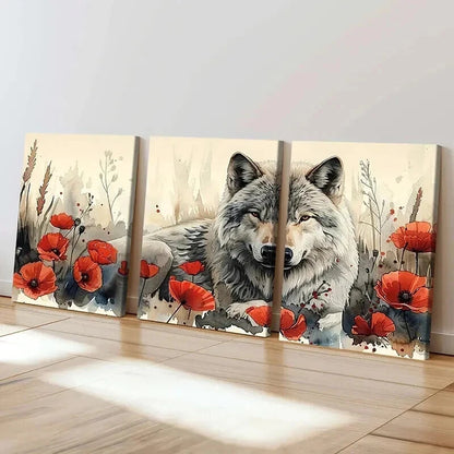 3pcs Watercolor Style The Wolf Among Flowers Wall Art Set Canvas Framed 60x90cm - High Quality Print 100% Australian Made Wall Canvas Ready to Hang - Bella Home Decor