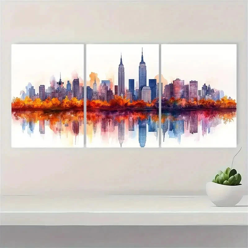 3pcs New York Skyline Watercolor Print IL    Wall Art Set Canvas Framed 40x60cm - High Quality Print 100% Australian Made Wall Canvas Ready to Hang