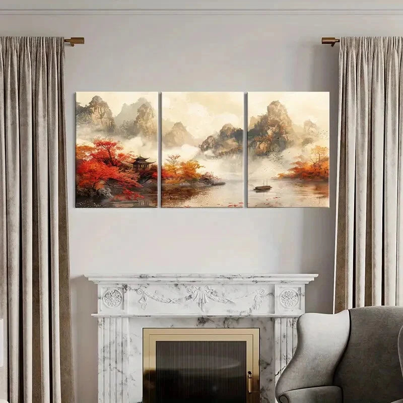 3pcs Retro Chinese Traditional Architecture Metal Print Ready to Hang Art - Bella Home Decor