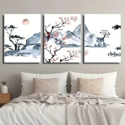 3pcs Japanese Cherry Blossom Landscape Wall Art Set Canvas Unframed - High Quality Print 100% Australian Made Wall Canvas