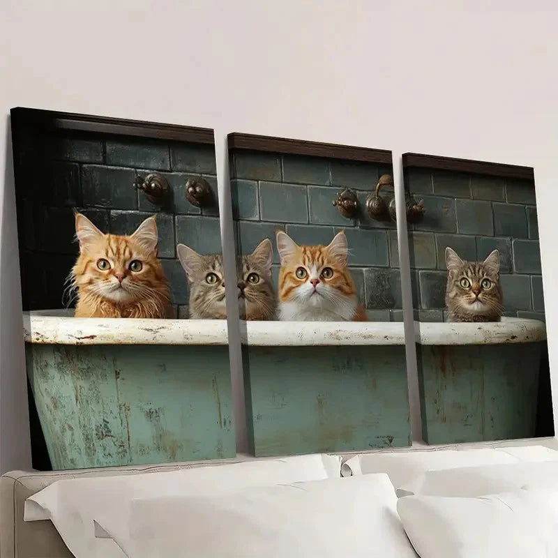 3pcs Playful Cat Vintage Painting Wall Art Set Canvas Framed 50x70cm - High Quality Print 100% Australian Made Wall Canvas Ready to Hang