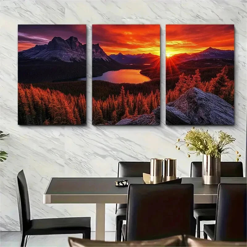 3pcs Forest and Lake at Sunset Beautiful Nature Metal Print Ready to Hang Art - Bella Home Decor