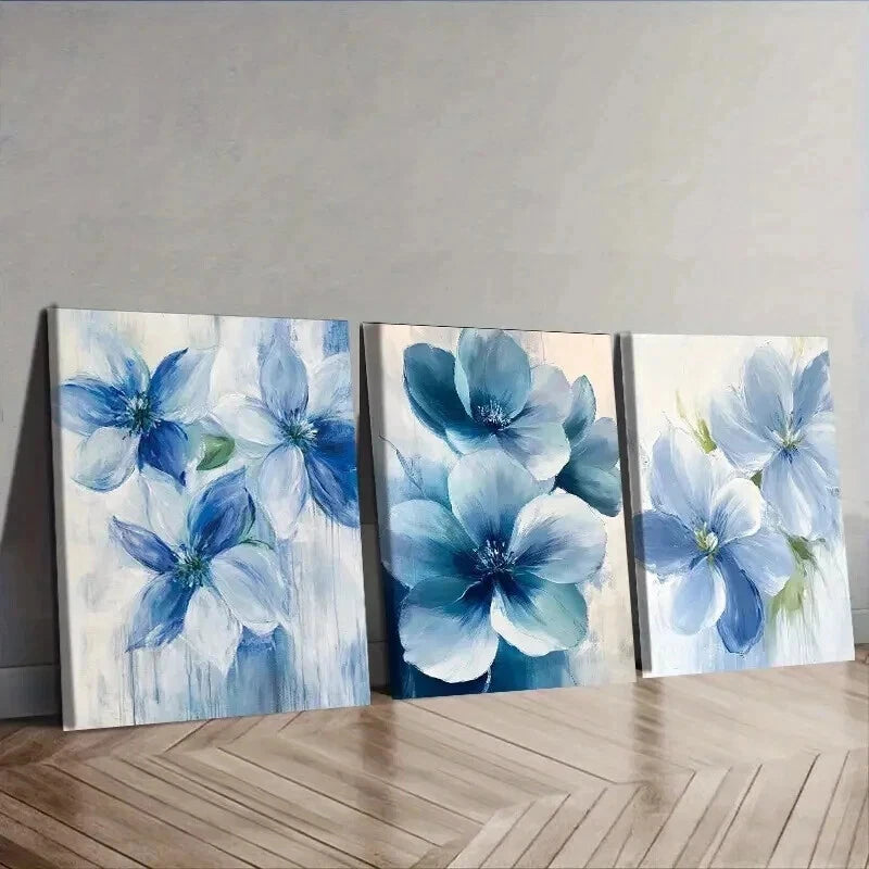 3pcs Beautiful Blue Flowers Decoration Wall Art Set Canvas Framed 60x90cm - High Quality Print 100% Australian Made Wall Canvas Ready to Hang