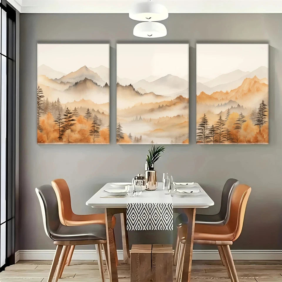 3pcs Misty Mountain and Autumn Trees Metal Print Ready to Hang Art