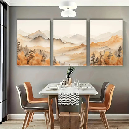 3pcs Misty Mountain and Autumn Trees Metal Print Ready to Hang Art