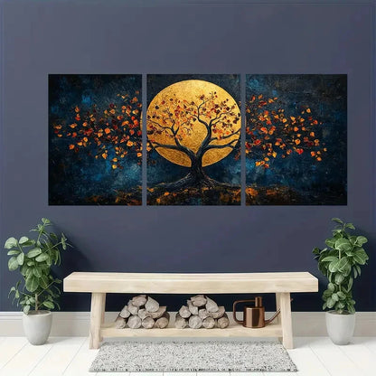 3pcs Abstract Golden Tree with Autumn Leaves Dark Metal Print Ready to Hang Art - Bella Home Decor