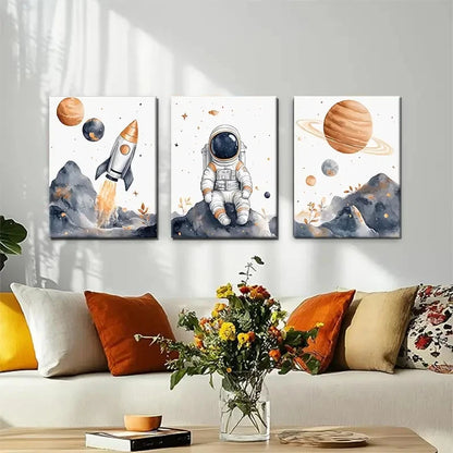 3pcs Whimsical Outer Space Adventure Wall Art Set Canvas Framed 50x70cm - High Quality Print 100% Australian Made Wall Canvas Ready to Hang - Bella Home Decor