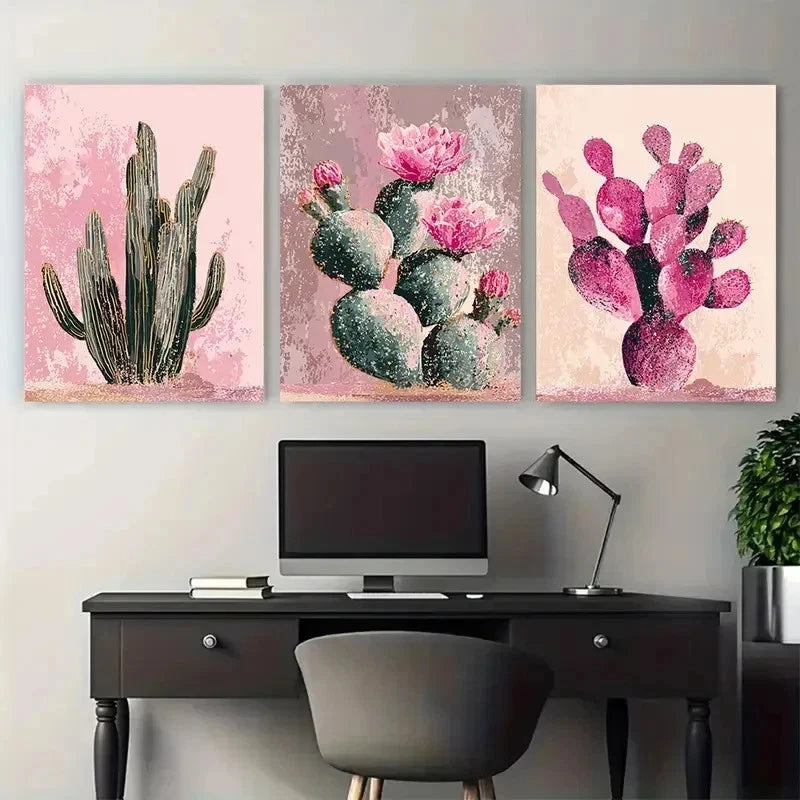 3pcs Cactus Aesthetic Pink Desert Cactus Perfect Wall Art Set Canvas Framed 50x70cm - High Quality Print 100% Australian Made Wall Canvas Ready to Hang - Bella Home Decor