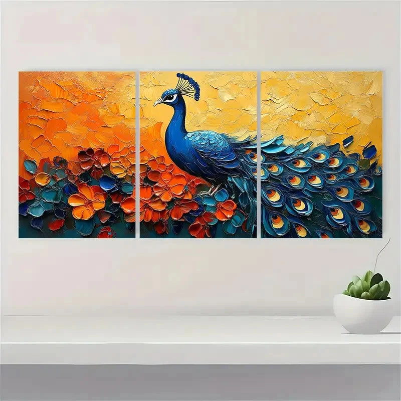 3pcs  Vibrant Abstract Peacock Painting VA  Wall Art Set Canvas Framed 60x90cm - High Quality Print 100% Australian Made Wall Canvas Ready to Hang - Bella Home Decor