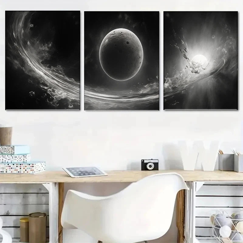 3pcs Celestial Wonders Black & White Abstract Metal Print Ready to Hang Art - Bella Home Decor