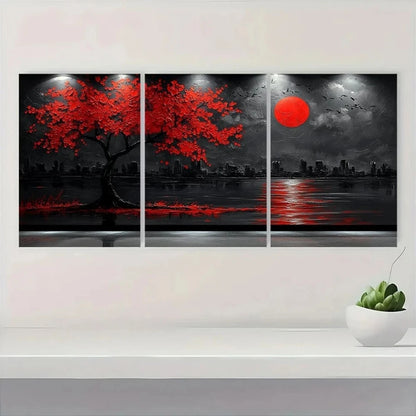3pcs Red Tree Moon Black and White Metal Print Ready to Hang Art