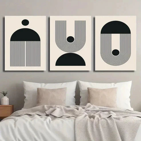 3pcs Black & Beige Abstract Geometric Wall Art Set Canvas Unframed - High Quality Print 100% Australian Made Wall Canvas - Bella Home Decor